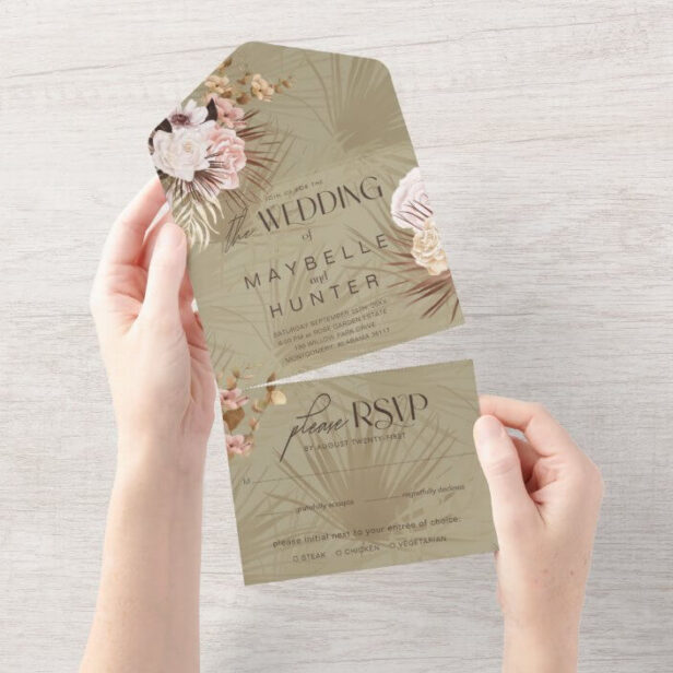 Modern Chic Bohemian Watercolor Floral Wedding Green All In One Invitation