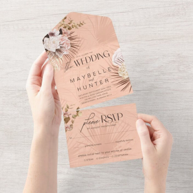 Modern Chic Bohemian Watercolor Floral Wedding Pink All In One Invitation