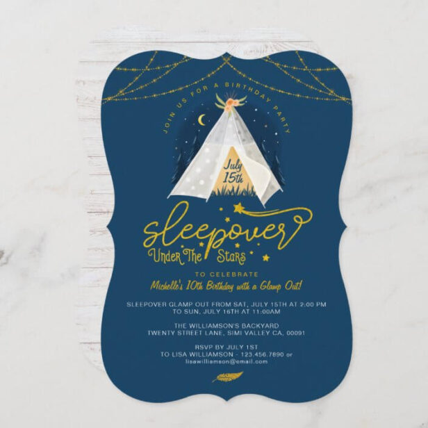 Sleepover Under the Stars Tepee Navy Gold Birthday Invitation