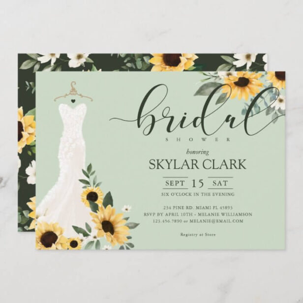 Sunflower Cream Wedding Dress Bridal Shower Mint Green Invitation