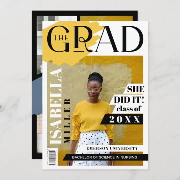 The Grad Fun Trendy Graduate Photo Magazine Cover Black & Yellow Announcement