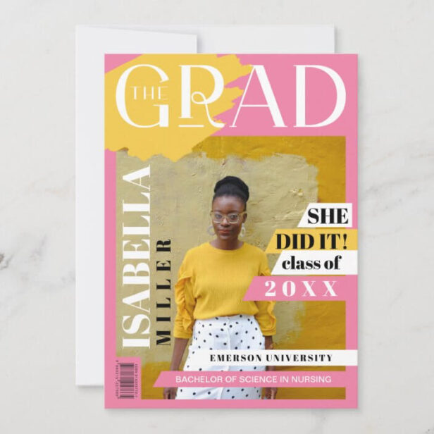 The Grad Fun Trendy Graduate Photo Magazine Cover Pink & Yellow Announcement