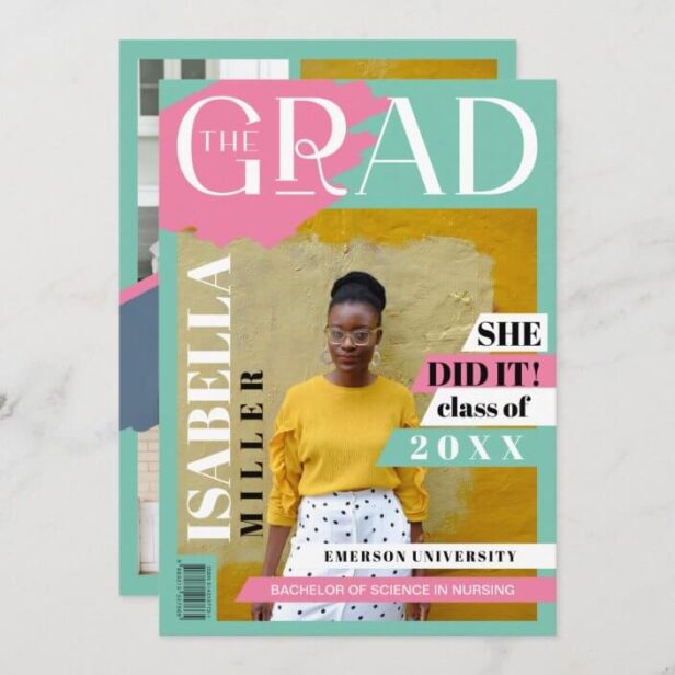 The Grad Fun Trendy Graduate Photo Magazine Cover Teal & Pink Announcement