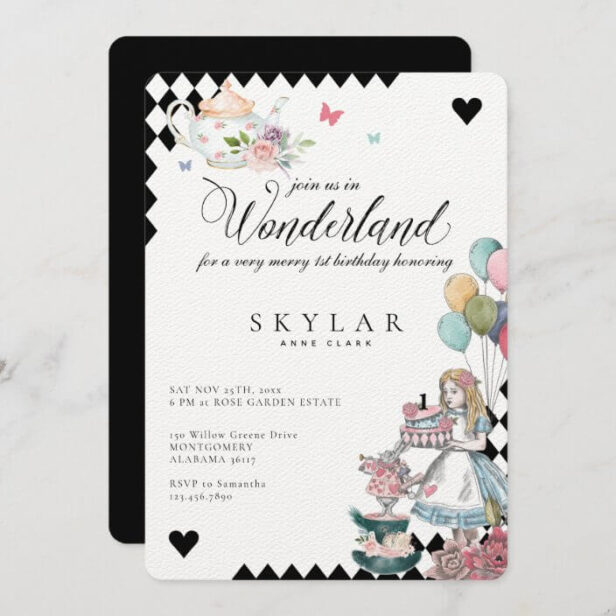 Watercolor Vintage Alice In Wonderland Birthday Invitation
