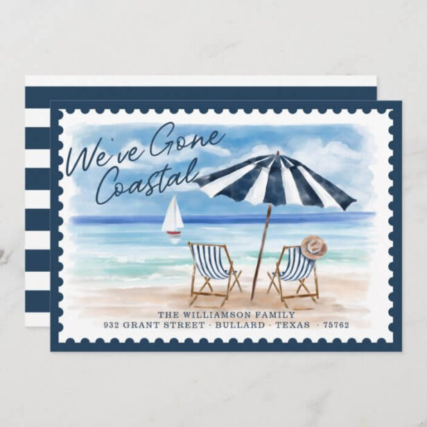 We've Gone Coastal Watercolour Beach Chairs Moving Navy Blue Stripe Announcement