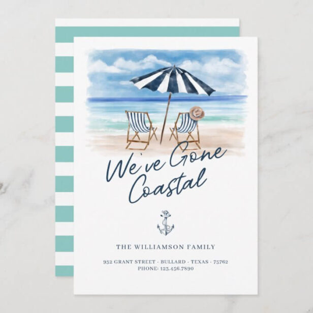 We've Gone Coastal Watercolour Beach Chairs Moving Teal Stripe Announcement
