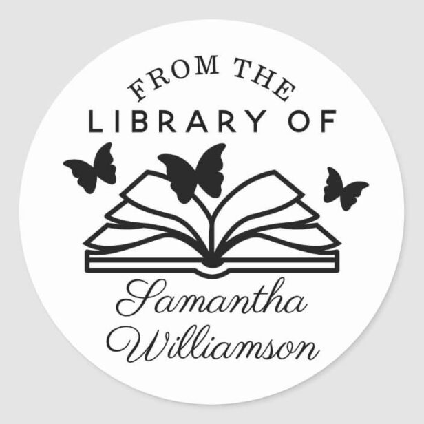 Butterflies & Book From The Library of Custom Name Personalized Book Black And White Classic Round Sticker