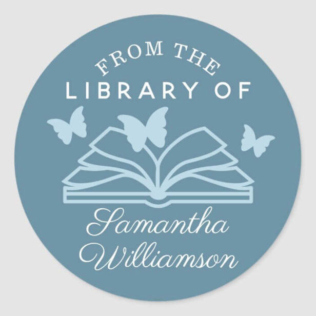 Butterflies & Book From The Library of Custom Name Personalized Book Blue Classic Round Sticker