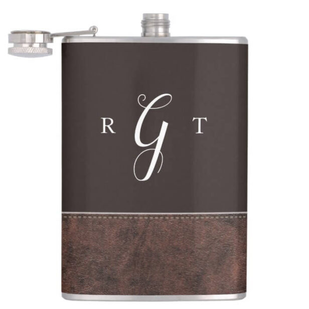 Elegant Script Personalized Monogram Brown Leather Flask