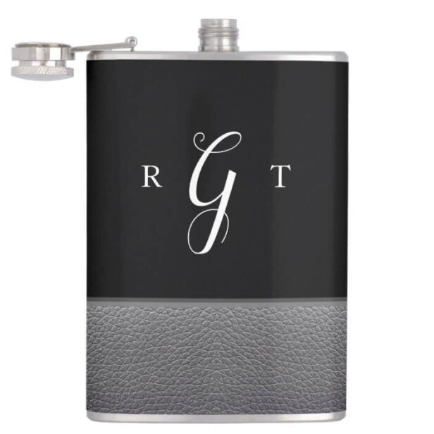 Elegant Script Personalized Monogram Grey Leather Flask