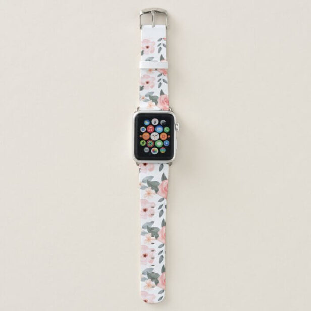 Floral Watercolor Pink White Rose Blossom Pattern Apple Watch Band