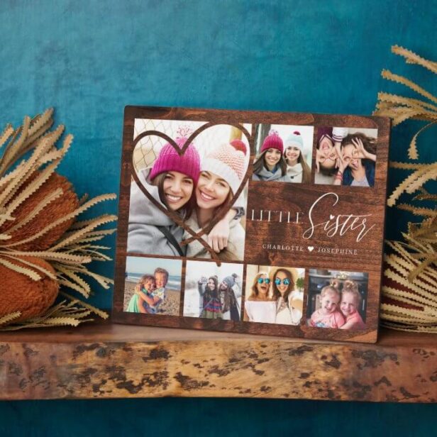 Gift For Little Sister 7 Photo Collage Woodgrain Plaque