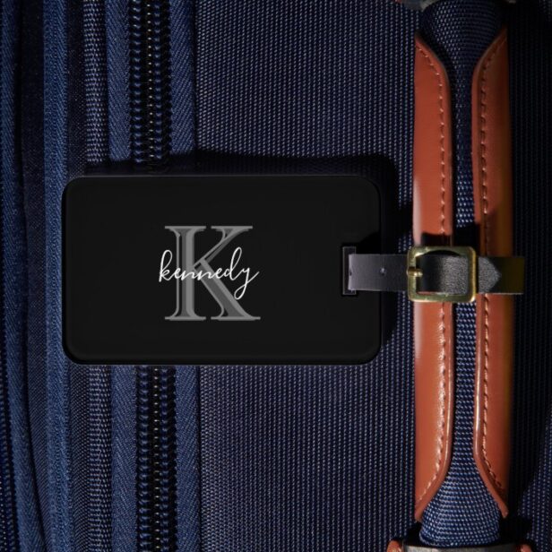 Minimal Classy Black & Grey Monogram & Script Name Luggage Tag