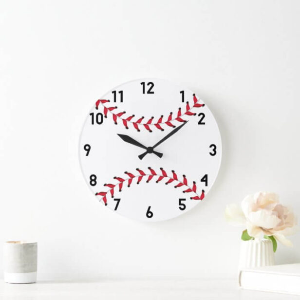 Minimal Sporty Red & White Baseball Decor Large Clock
