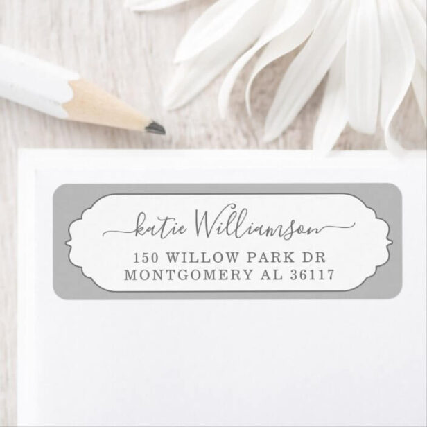Scallop Frame Personalized Calligraphy Silver Grey Label
