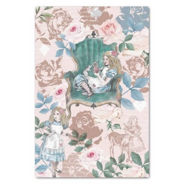 Vintage Alice In Wonderland Decoupage Pink Roses Pink Tissue Paper