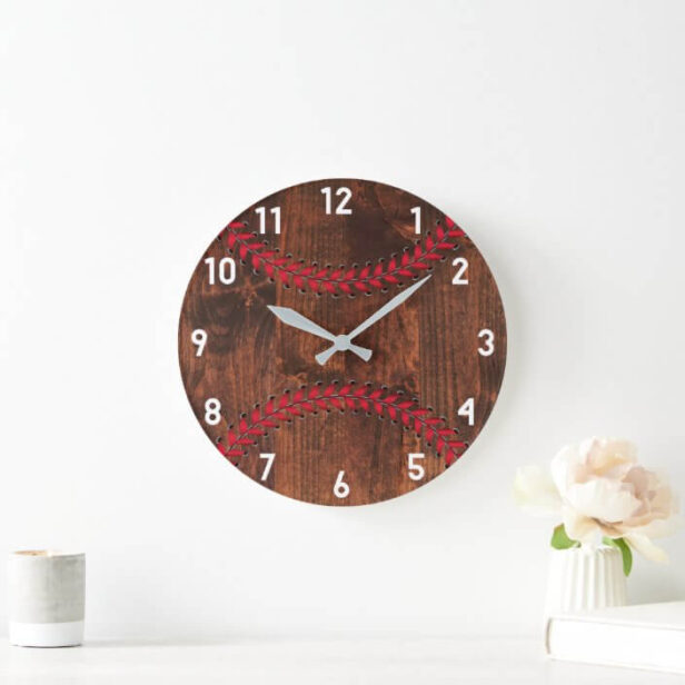 Woodgrain Sporty Baseball Decor Large Clock