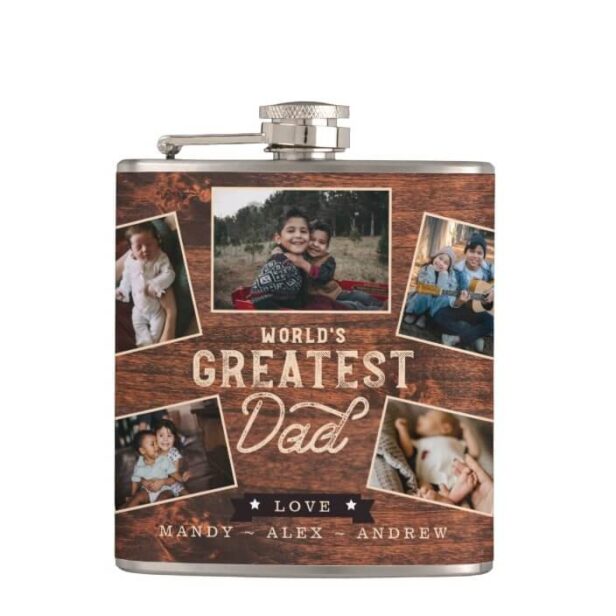 World's Greatest Dad Woodgrain Five Photo Collage Flask