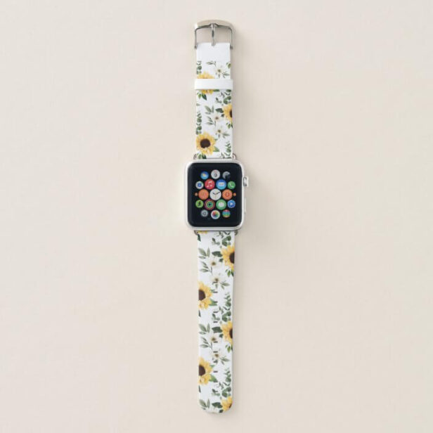 Yellow Watercolor Sunflowers White Floral Pattern Apple Watch Band
