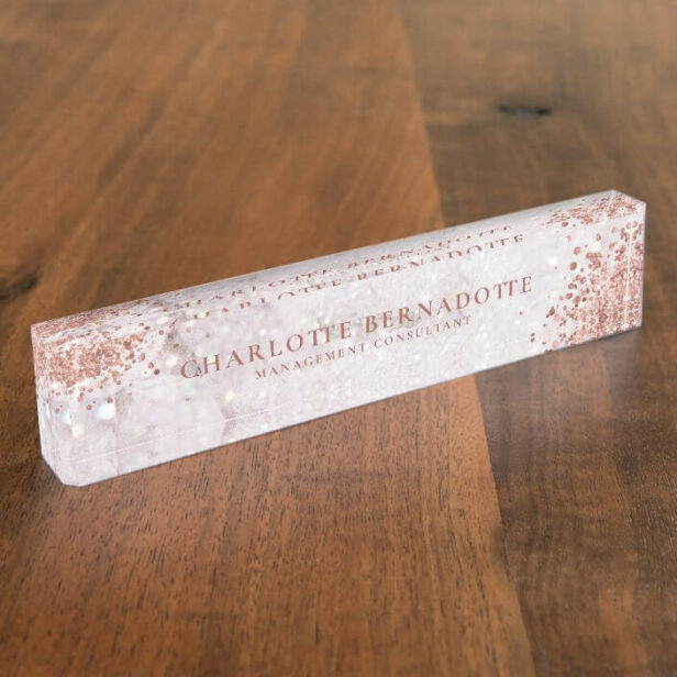 Elegant White Marble Sparkle Rose Gold Glitter Desk Name Plate