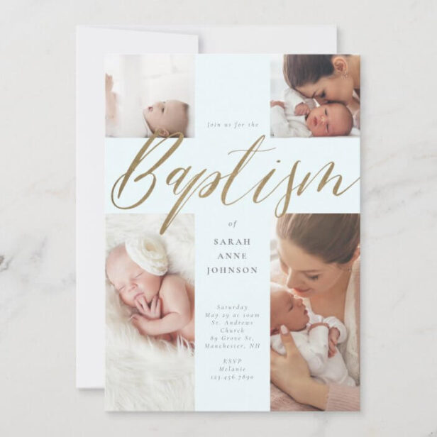 Gold Calligraphy Photo Collage Baby Baptism Cross Blue Invitation