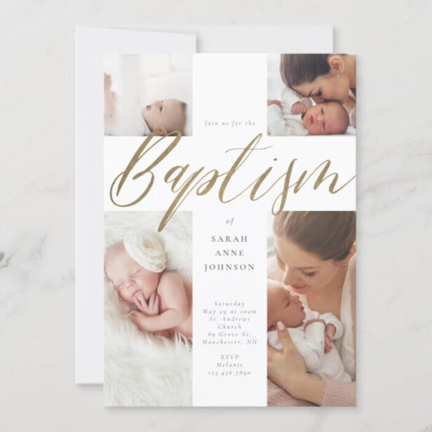 Gold Calligraphy Photo Collage Baby Baptism Cross Invitation