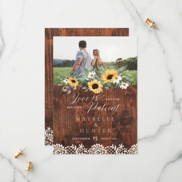 Love is Patient Yellow Sunflowers Photo Lace Save The Date