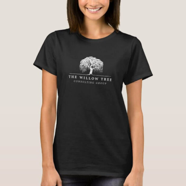 Modern White Willow Tree Logo Black T-Shirt
