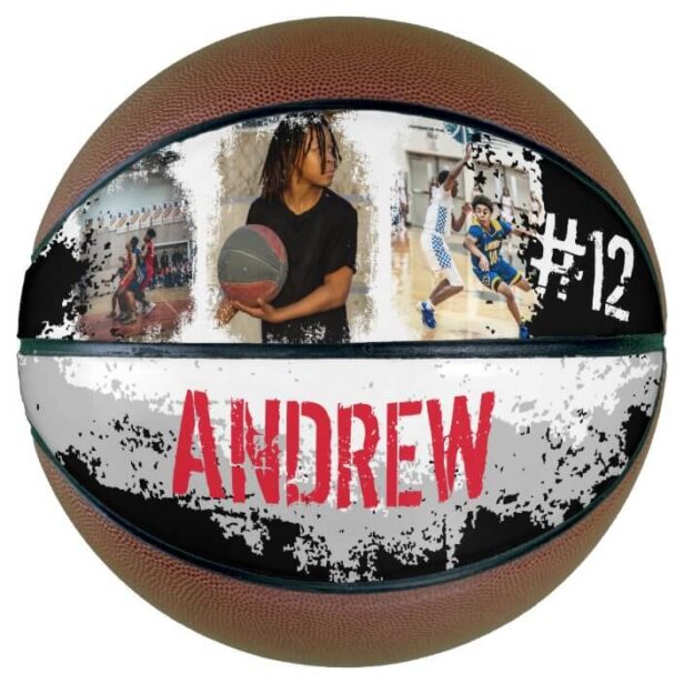Sporty Custom Player Name & Number 3 Photo Collage Black Basketball