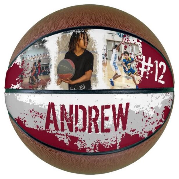 Sporty Custom Player Name & Number 3 Photo Collage Red Basketball