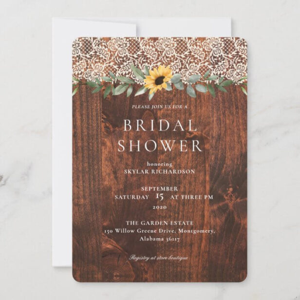 Watercolor Sunflowers Lace Woodgrain Bridal Shower Invitation