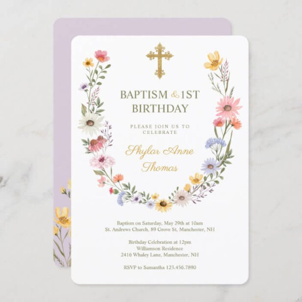 Baptism & 1St Birthday Elegant Wildflowers Wreath Invitation