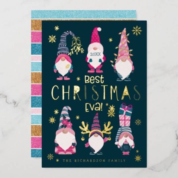 Best Christmas Eva! Funny & Bright Gnomes Gold Foil Holiday Card