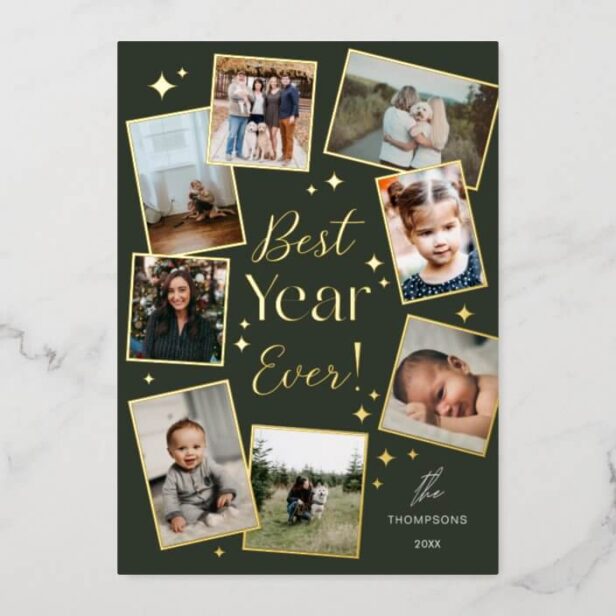 Best Year Ever! 8 Family Photo Scrapbook Collage Gold Foil Green Holiday Card