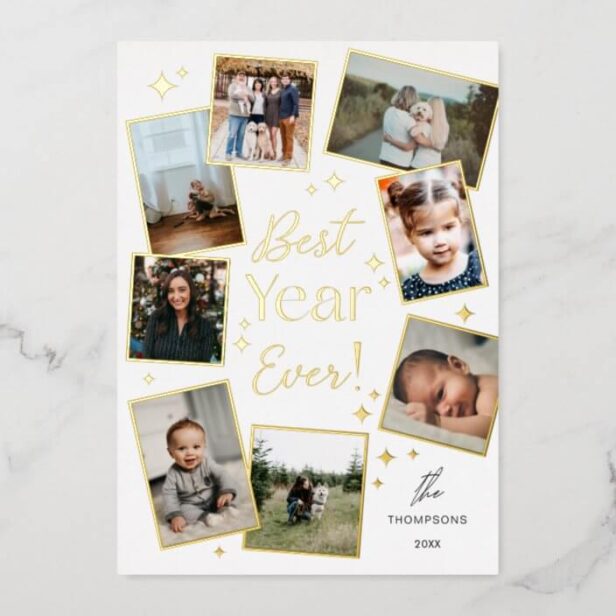 Best Year Ever! 8 Family Photo Scrapbook Collage Gold Foil White Holiday Card