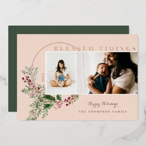 Blessed Tidings Watercolor Greenery Wreath Photos Rose Gold Foil Pink Holiday Card