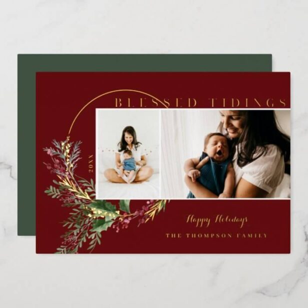Blessed Tidings Watercolor Greenery Wreath Photos Gold Foil Red Holiday Card