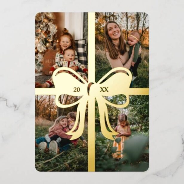 Bow & Ribbon Present 4 Photo Family Collage Gold Foil Holiday Card