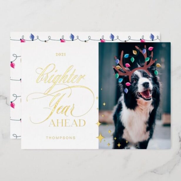 Brighter Year Ahead Fun Pet Photo Reindeer Lights Gold Foil Holiday Card