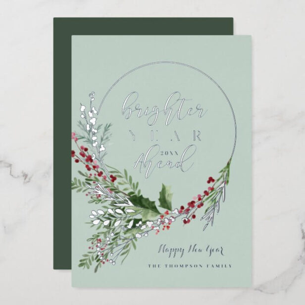 Brighter Year Ahead Watercolor Wreath New Year Silver Foil Mint Green Holiday Card