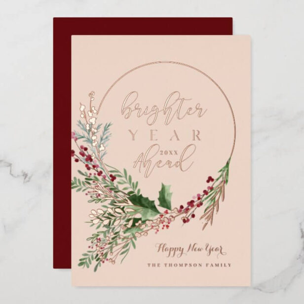 Brighter Year Ahead Watercolor Wreath Pink New Year Gold Foil Holiday Card