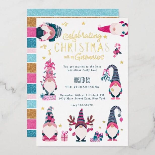Celebrate Christmas With My Gnomies Holiday Party Gold Foil Holiday Card