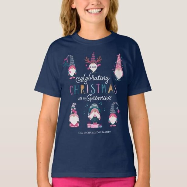 Celebrating Christmas With My Gnomies Funny Gnomes Navy Kids T-Shirt