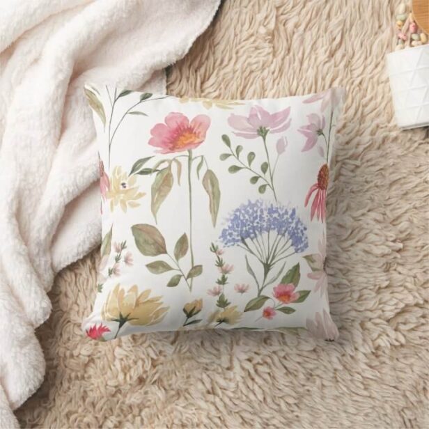 Chic Watercolor Wildflowers & Foliage Pattern Throw Pillow