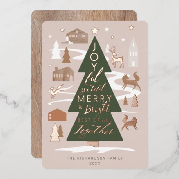 Christmas Tree Woodland Animals & Cozy Village Gold Foil Holiday Card