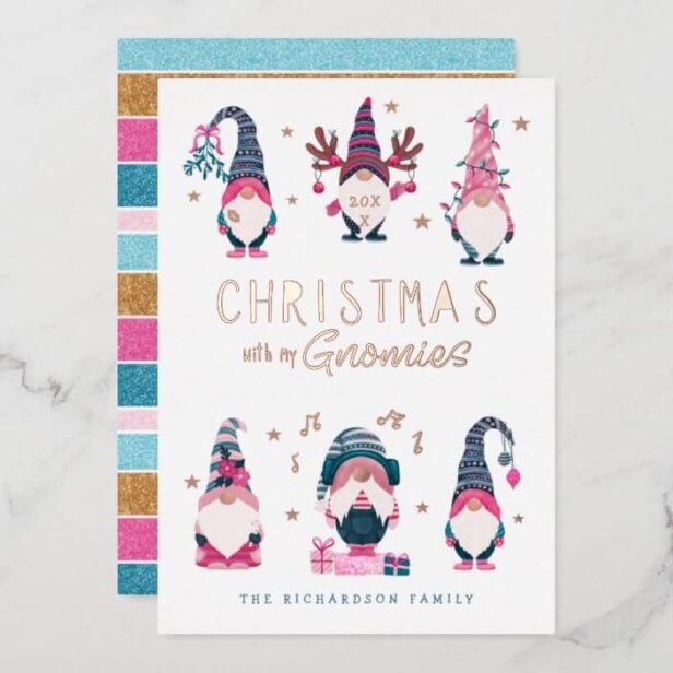 Christmas With My Gnomies Funny Gnomes Rose Gold Foil Holiday Card