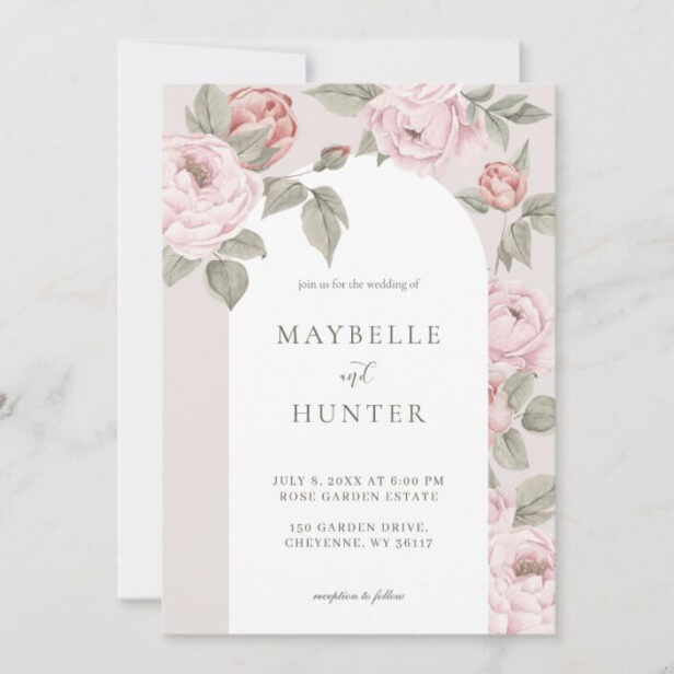 Elegant Arch Watercolor Pink Peony Floral Blossom Invitation