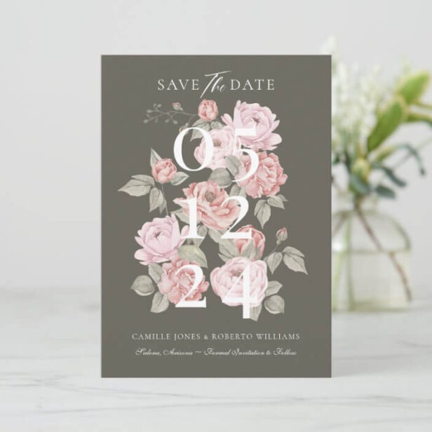 Elegant Pink Watercolor Peony Floral Botanical Save The Date