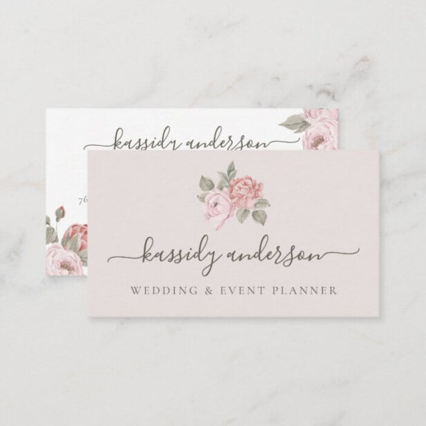 Elegant Script Watercolor Pink Botanical Peony Business Card