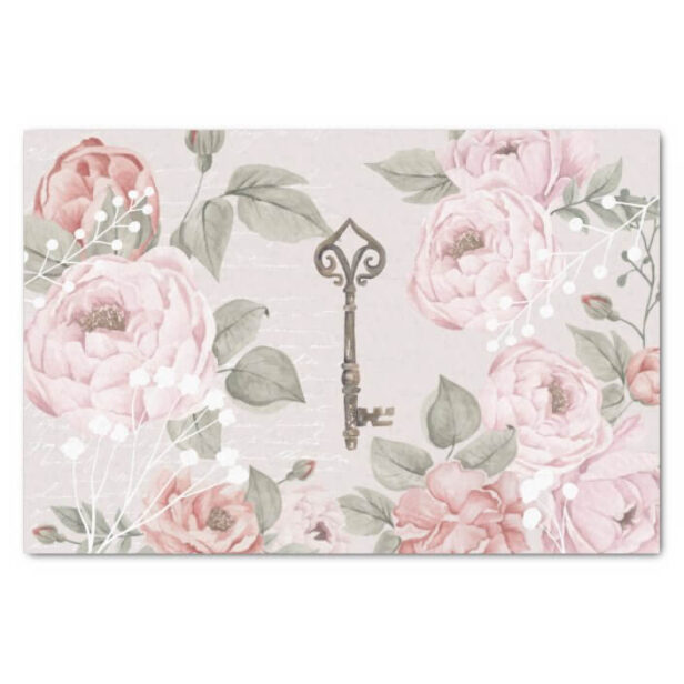 Elegant Vintage Pink Peony Blossom Key Decoupage Tissue Paper